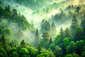 Enchanting Green Forest with Misty Views and Layered Vegetation for a Scenic Wallpaper Background photo