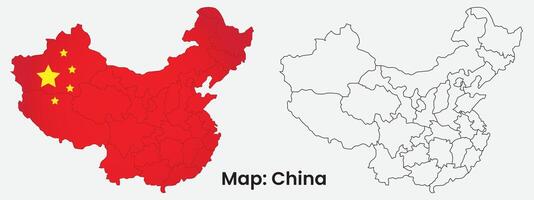 Map of china flat design with ouline and country shape flag color design. vector