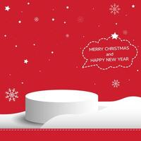 Creative white snowflakes and stars on a red background with a podium for display product. Merry Christmas and Happy New Year banner design. vector
