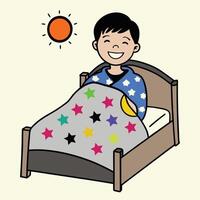 Cozy Wooden Bed with Smiling Boy Warm and Cheerful Art. vector
