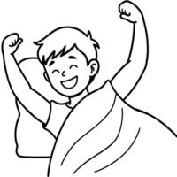 ozy Wooden Bed with Smiling Boy. vector