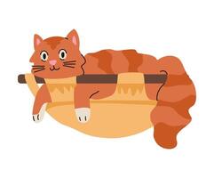 Cute red cat relaxing in hammock flat illustration isolated on white. vector