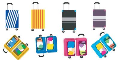 Collection of types of suitcases with wheels. for storing travel and holiday clothes of various shapes and colors. illustration vector