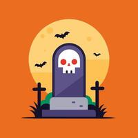 Halloween illustration with skull tombstone and bats vector