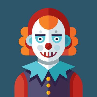 A cartoon clown with red hair and orange nose