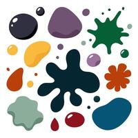 Randomly shaped blotches resembling ink stains with a natural effect. A mix of small specks and larger shapes creates a dynamic and creative visual. vector