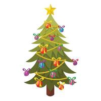 Cute colorful decorated Christmas tree in cartoon flat style. Happy New Year spruce tree. vector