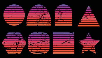 Set of retro sunsets in the style of the 80s and 90s. Retro Sunset Retrowave Backgrounds Art Bundle. Horizontal Sunsets with Grunge Textures. vector
