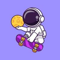 Cute Astronaut Playing Skateboard With Moon In Space Cartoon vector