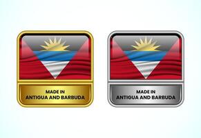 Made in Antigua and Barbuda label icon in gold and silver color. Flag icon set for business vector