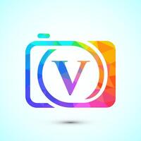 Initial alphabet V with a camera icon. Low poly style logo for photography business vector