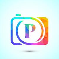 Initial alphabet P with a camera icon. Low poly style logo for photography business vector