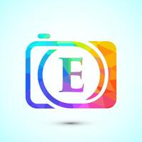 Initial alphabet E with a camera icon. Low poly style logo for photography business vector
