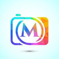 Initial alphabet M with a camera icon. Low poly style logo for photography business vector