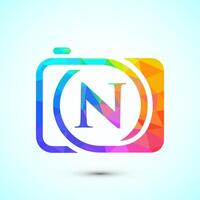 Initial alphabet N with a camera icon. Low poly style logo for photography business vector