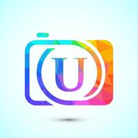 Initial alphabet U with a camera icon. Low poly style logo for photography business vector