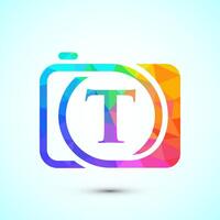 Initial alphabet T with a camera icon. Low poly style logo for photography business vector