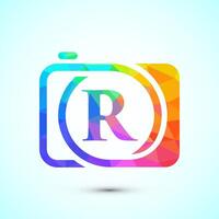 Initial alphabet R with a camera icon. Low poly style logo for photography business vector