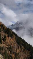A mountain range with trees and clouds video