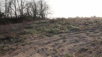 Off-road in middle of field, panning camera move right. Tire tracks on sand in steppe. Walk and ride on difficult path. Dry grass growing in desert. Landscape with trails and nobody video