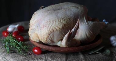 SPG seasoning spill to whole chicken raw broiler atop rustic wooden plate on burlap with fresh vegetables and greens, garlic and cherry tomatoes. Rustic still life in low key. Raw chicken and pepper video