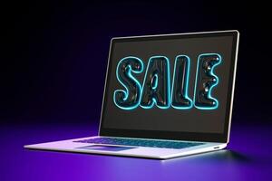 Modern laptop with word SALE in bold 3D letters with neon blue edges against gradient purple and black background. Perfect for online sales, e-commerce, digital promotions in sleek, futuristic design. photo
