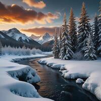 Abstract winter scene and Natural background, Ice podium on the water and snow ground, Backdrop snow mountain reflect the water surface for product stand display. photo