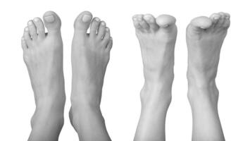 Grayscale bare female feet in a tensed and relaxed front position. Smooth skin, neat nails, and soft photo