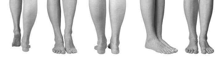 Set of grayscale barefoot female feet in various positions, including standing and walking. Smooth, photo