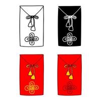Traditional Red Ang Pao. Lunar New Year celebration icon set. Envelope, tassels, Chinese knot. Contour, solid, color, white background. Design elements, web, digital design, greeting cards, print vector