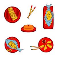 Traditional Chinese New Year Food. Fish Yu, dumplings Jau gok, Jiaozi, rice cake Niangao. Simple flat color, isolated elements, white background. Icon set for web, digital design, cards, posters, menu vector
