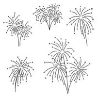 Fireworks. Firework black line icon set. Simple doodle contours. Flat design on a white background. Anniversary, New year, Celebration, Festival. Greeting cards, holiday design elements, print, etc. vector