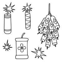 Firecrackers Icon Set. Black line contour elements isolated on a white background. Simple flat doodle design. Chinese style. New year, Celebration, Festival, Greeting cards, holiday decor, print, etc. vector