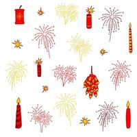 Lunar New Year Clip Art Set. Fireworks, Firecrackers, Candles, simple doodle icon clip art. Red and yellow elements isolated on a white background. Greeting cards, print, web, digital design elements vector