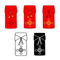 Red Ang Pao with tassels and Chinese knot. Red envelope variations. Lunar New Year. Simple icon set. Contour, solid, color, white background. Design elements, web and digital design, greeting cards vector