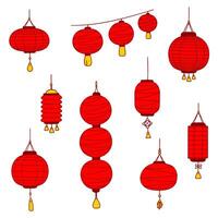 Red Paper Lantern Collection. Traditional Asian Lamps with tassels, knots and strings, various forms, simple icon set. Red, yellow, white background. Design elements, home decor, web, greeting cards vector