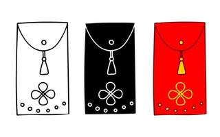 Red Envelope Icon. Red Ang Pao with tassel, dots and Chinese knot. Lunar New Year. Simple doodle icon clip art set. Contour, solid, color, white background. Design elements for web and digital design vector