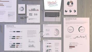 Animation of a workspace with business data graphs. video