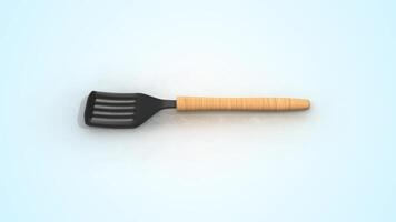 Wooden Handle Slotted Spatula on a Reflective Floor. Cooking Utensils 3D. 4K video