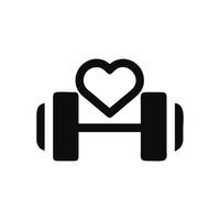 A black and white icon of a dumbbell with a heart vector