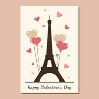 isolated brown silhouette of eiffel with balloons and hearts on the beige background in minimalist style. card with dark silhouette of love symbol vector