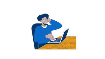 Confused hispanic office worker clicking keyboard laptop 2D character animation. Stressed cartoon 4K , alpha channel. Scratching head latino man in business casual animated person on white video