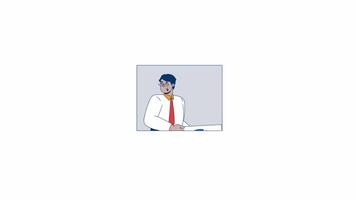 Arab businessman showing pie chart in rectangle frame 2D character animation. Financial report cartoon 4K , alpha channel. Middle eastern glasses business man piechart animated person on white video