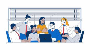 Large meeting conference colleagues cartoon animation. Discussion cooperation 4K motion graphic. Multicultural coworkers collaboration animated 2D characters isolated on white background video
