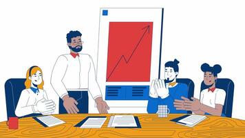 Team members clapping company revenue growth cartoon animation. Celebrating startup achievement 4K motion graphic. Diverse colleagues animated 2D characters isolated on white background video