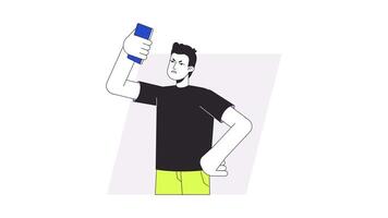 Annoyed man searching signal with phone cartoon animation. Waiting impatiently for call 4K motion graphic. Displeased guy lifting up cellphone animated 2D character isolated on white background video