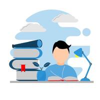 A man is sitting at a desk with books and a lamp vector