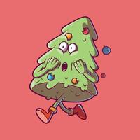Christmas tree character running with a scared face. vector