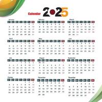Calendar 2025 Date started at Sunday vector