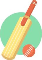 A illustration of a cricket bat and ball, designed in a simple cartoon style. The bat and ball are isolated with a green circular background, symbolizing the sport of cricket. vector